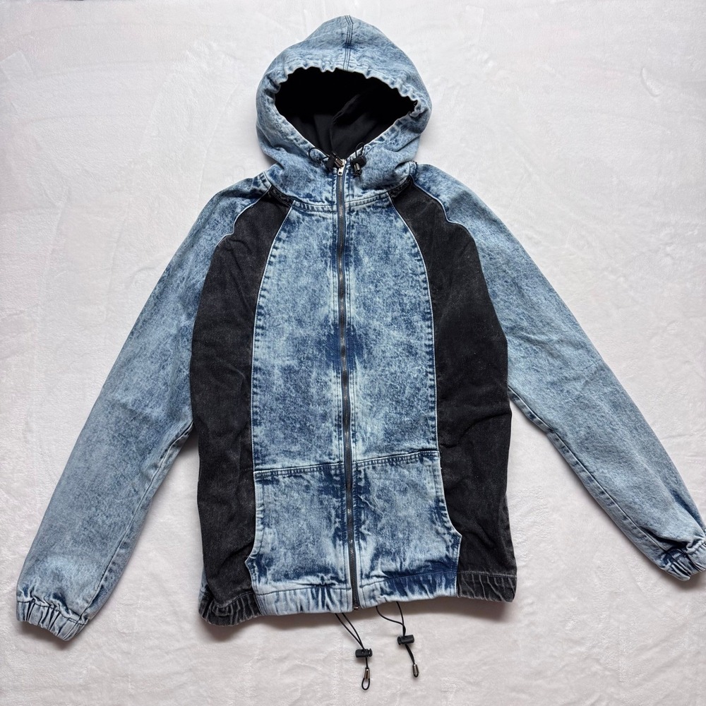BOOHOOMAN Mens Denim Hooded Jacket Acid Wash Zip‎ Up Size M